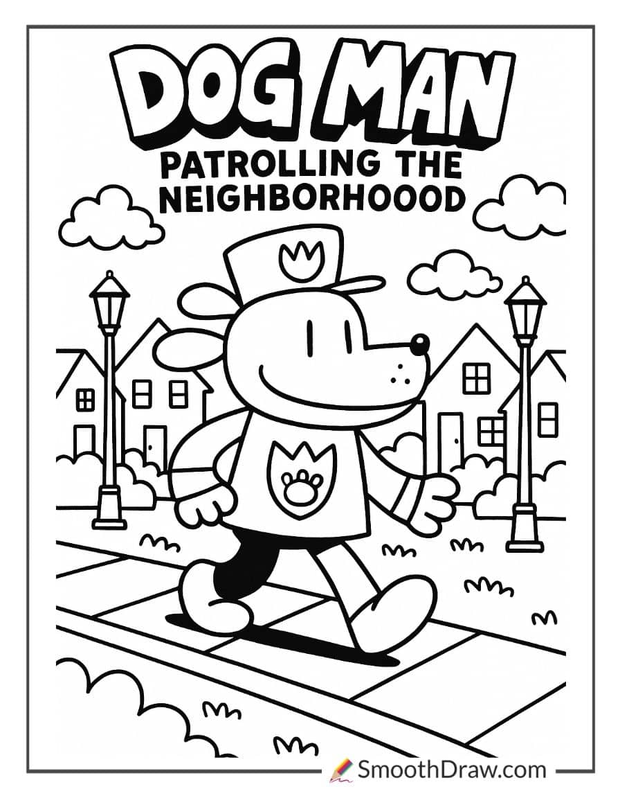 Dog Man patrolling the neighborhood coloring sheet