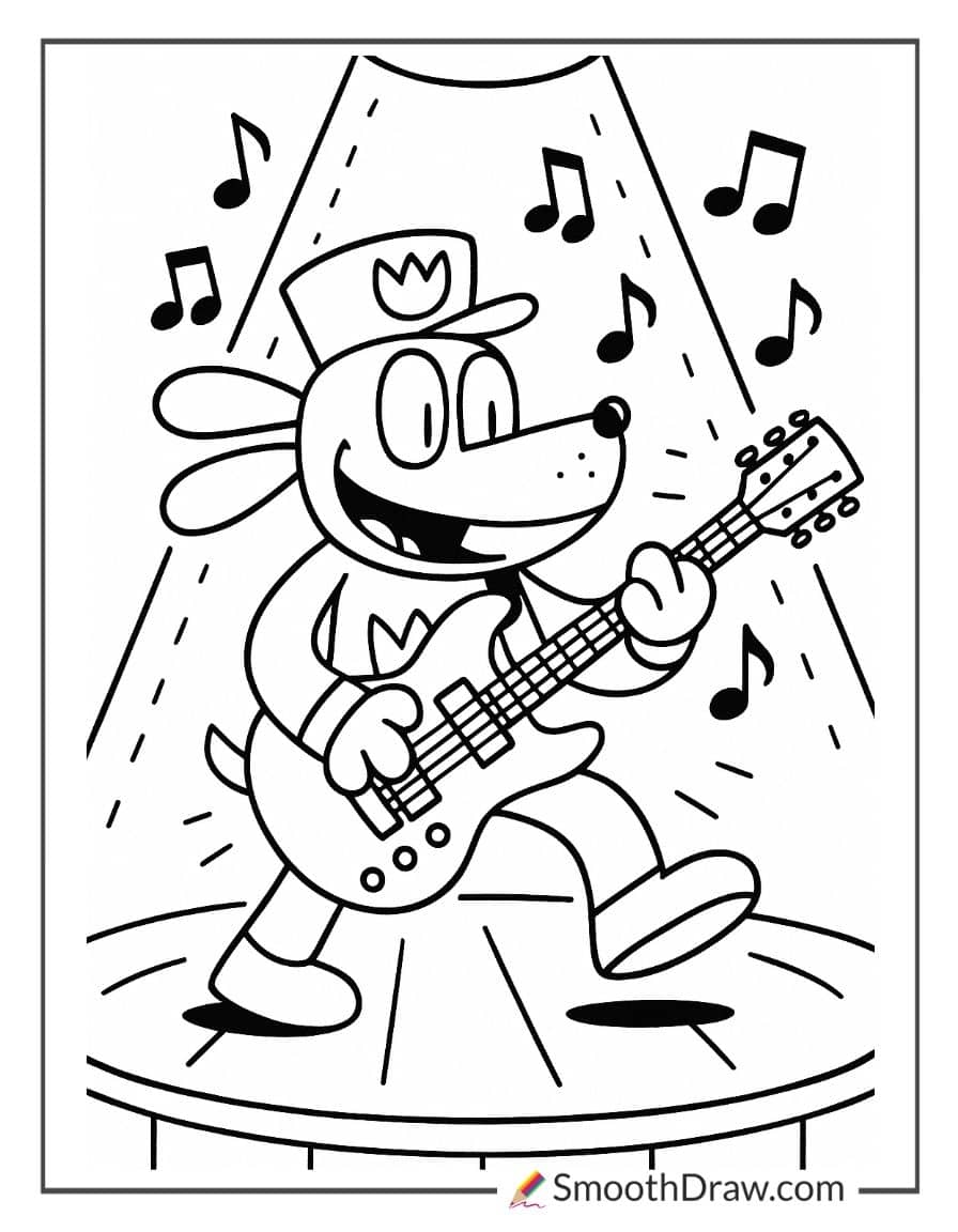Dog Man playing guitar on stage coloring page