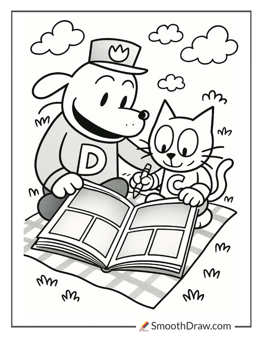 Dog Man reading with Cat Kid