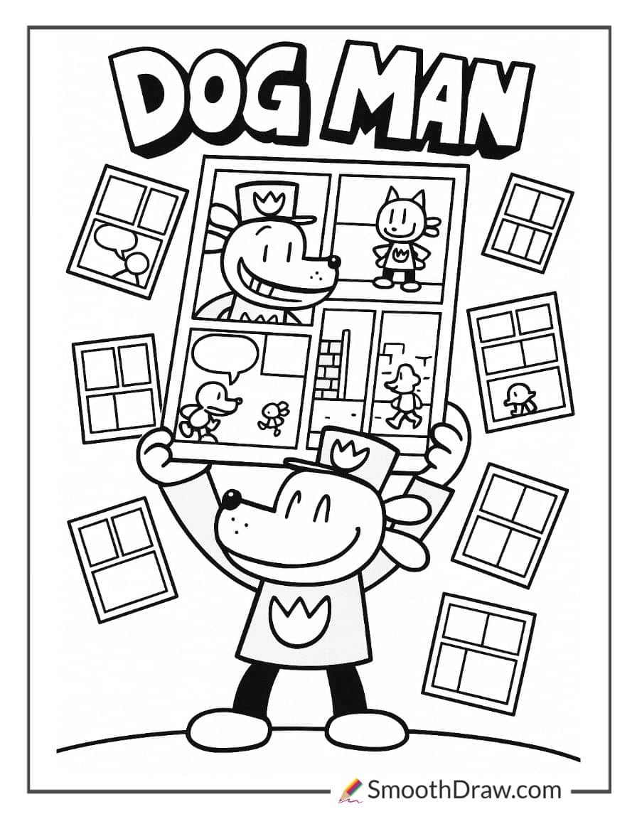 Dog Man with comic book pages