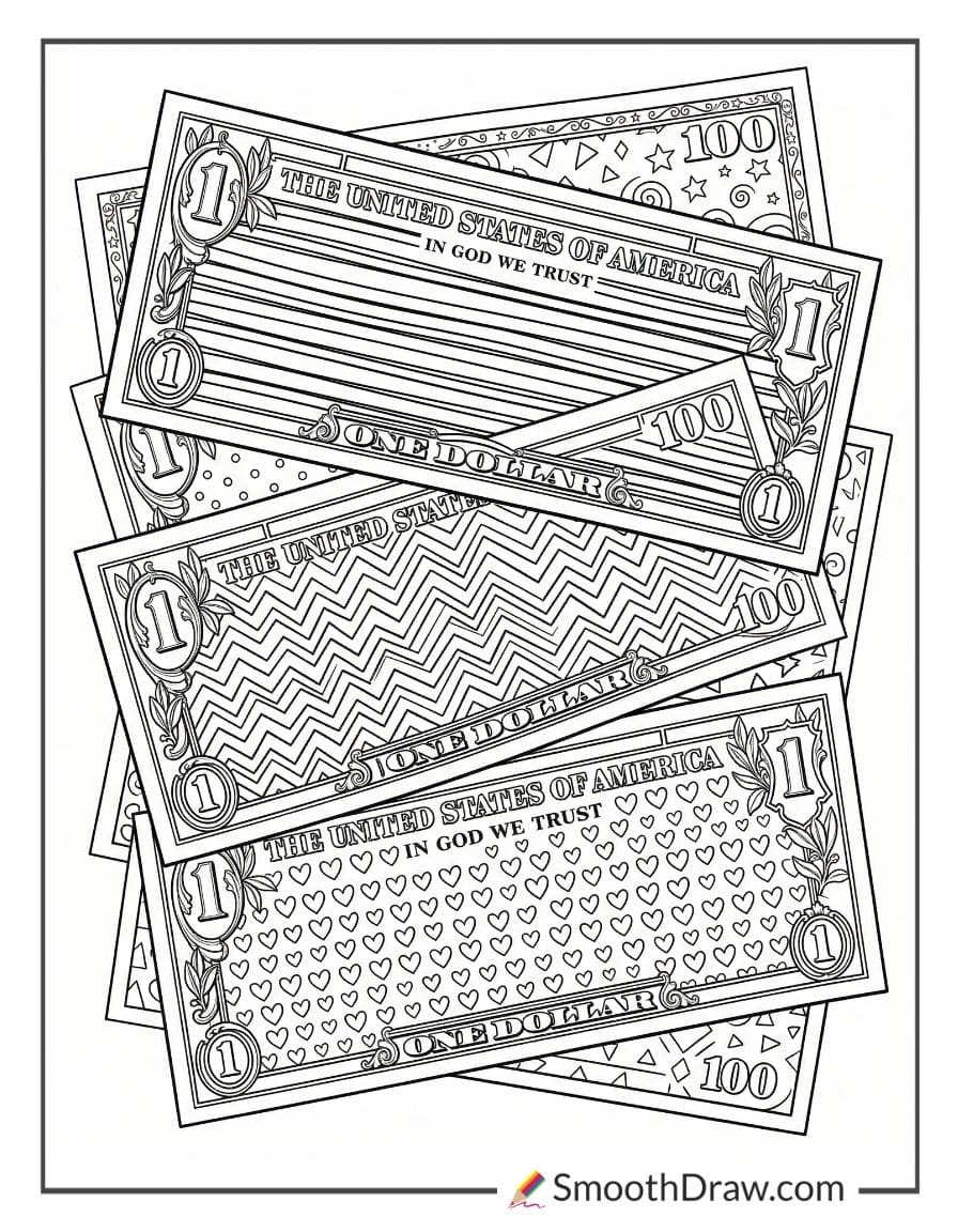 Dollar bills with fun patterns coloring sheet