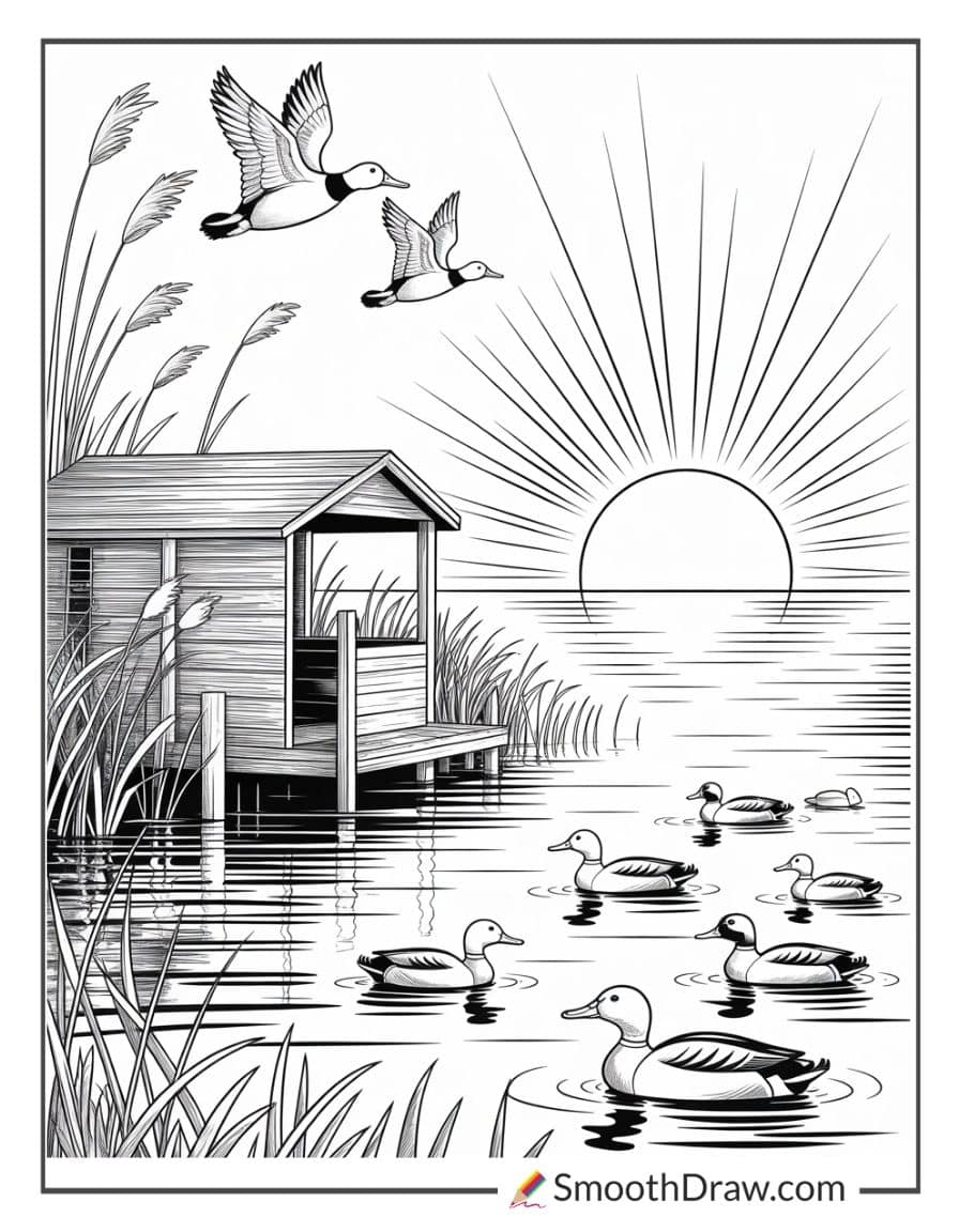Duck Blind At Sunrise Scene Coloring Page