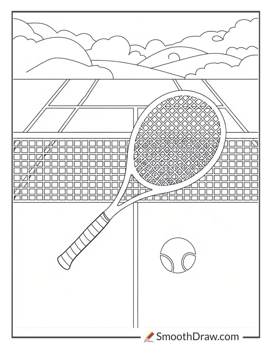Easy tennis court scene for coloring
