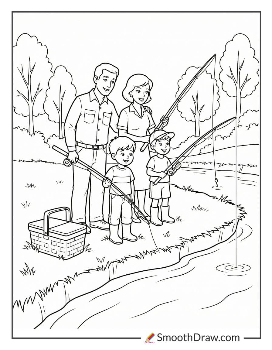 Family Fishing Together At Riverside