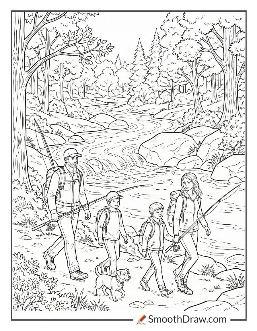 Family River Fishing Adventure For Coloring