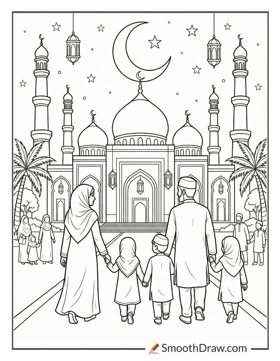 Family Visiting The Mosque At Night