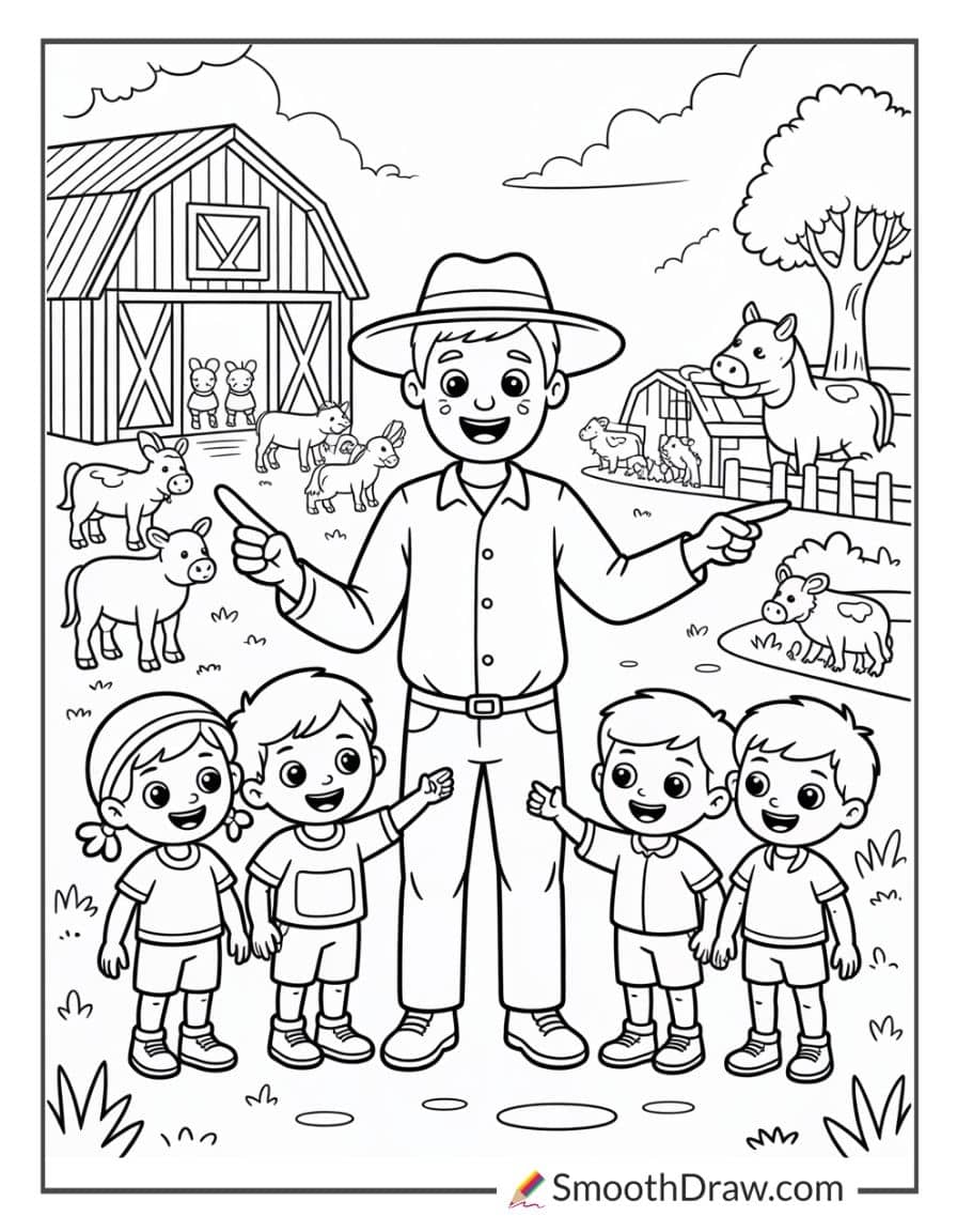 Farmer and children on farm