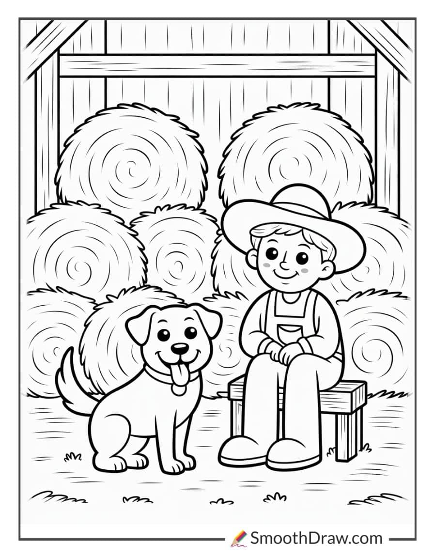 Farmer and dog in barn