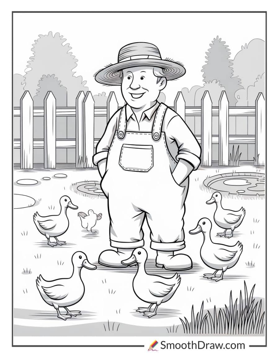 Farmer and ducks on a farm