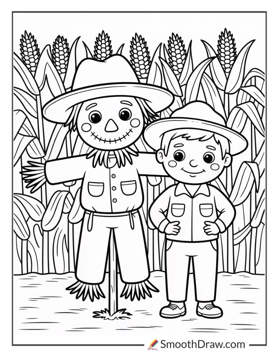 Farmer and scarecrow coloring page