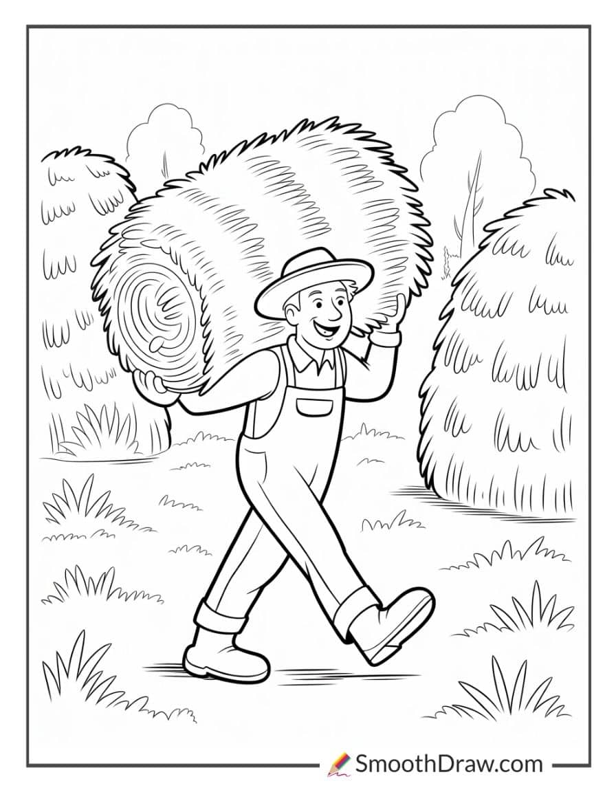 Farmer carrying hay bale