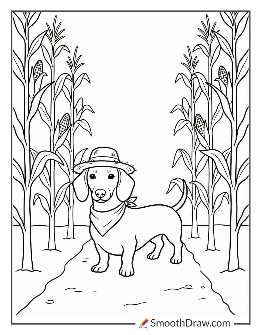 Farmer dachshund in cornfield