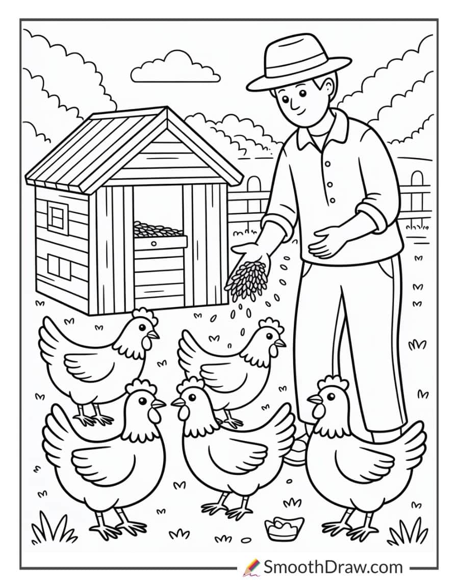 Farmer feeding chickens in yard