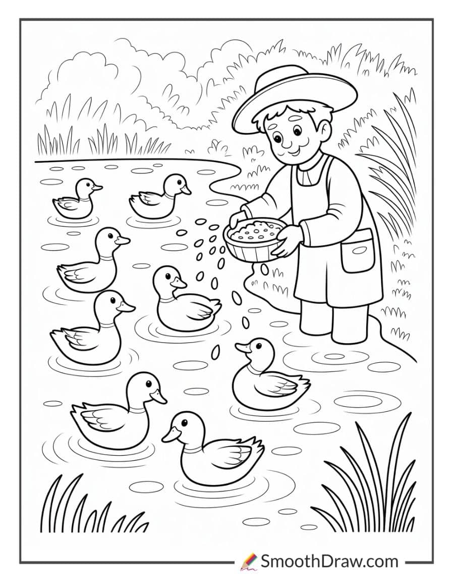 Farmer feeding ducks at pond