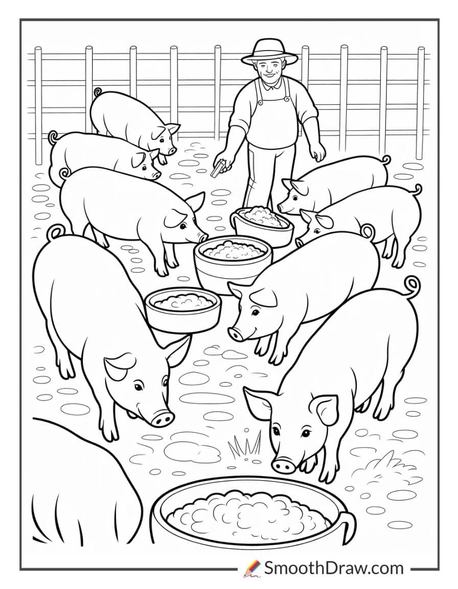 Farmer feeding pigs in pen
