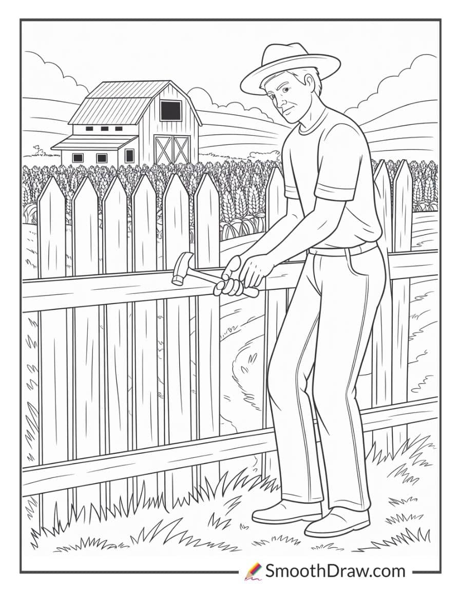 Farmer fixing fence coloring sheet