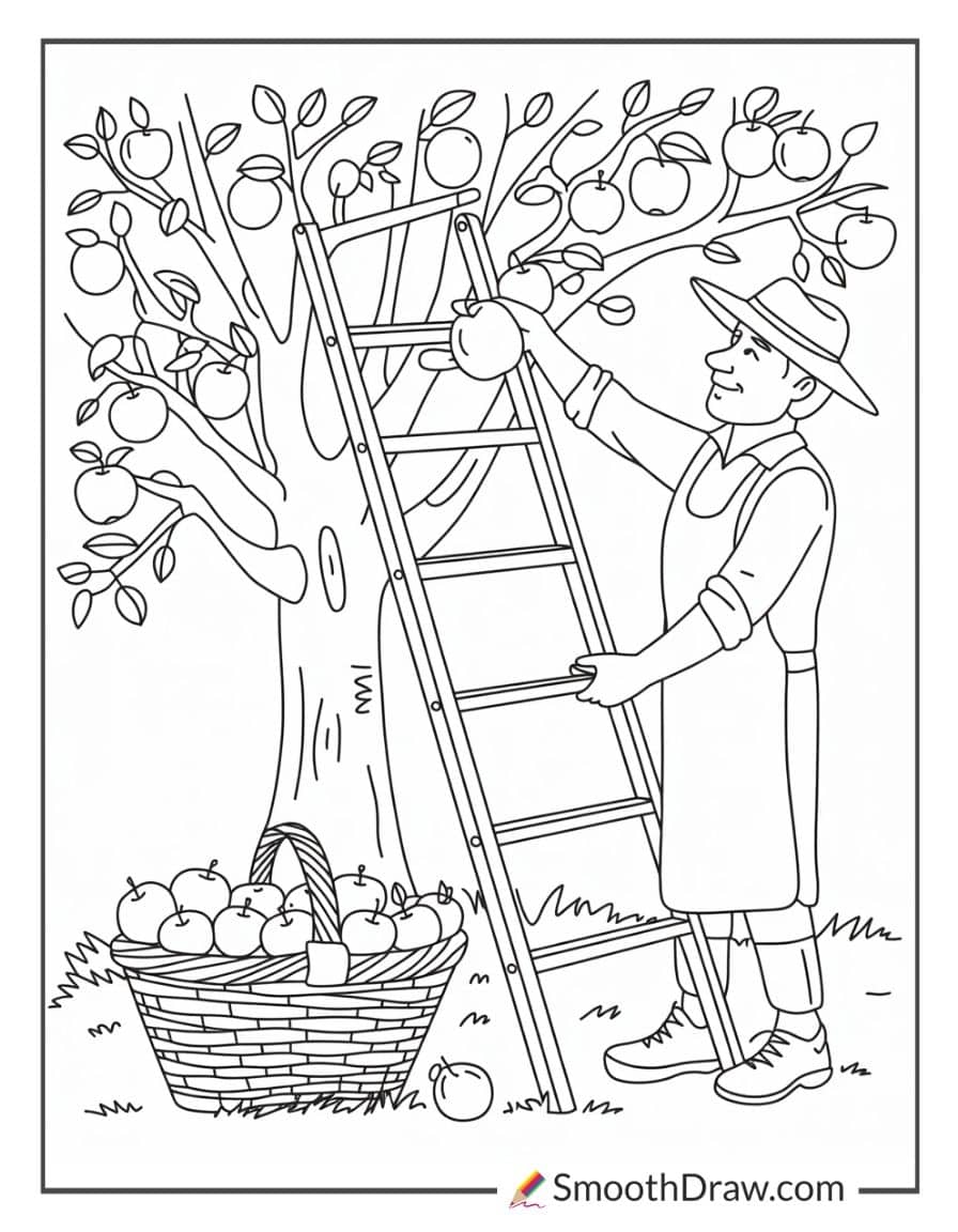 Farmer harvesting apples from tree