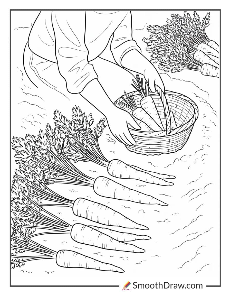 Farmer harvesting carrots coloring sheet