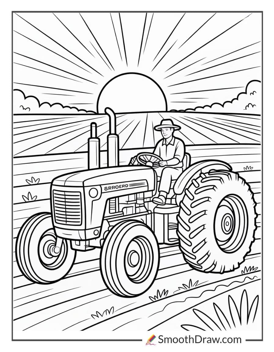Farmer on tractor in sunrise