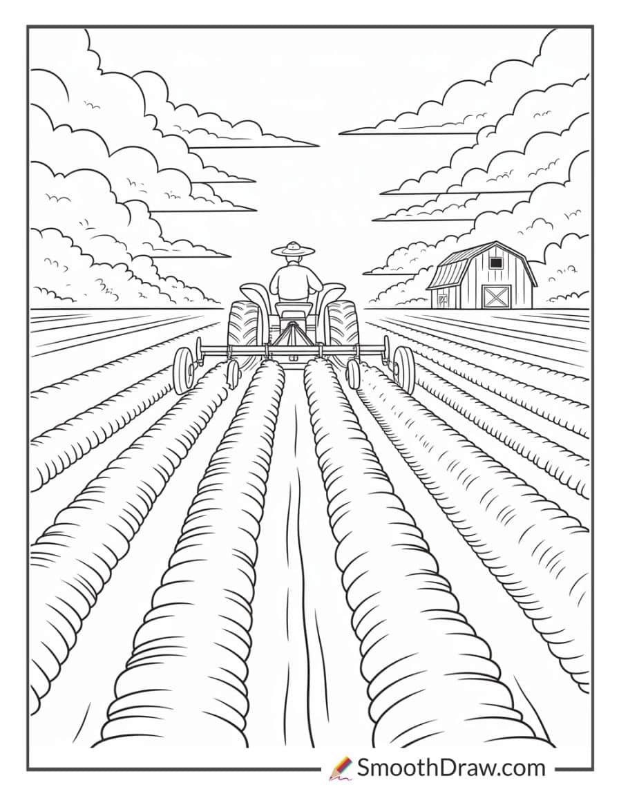 Farmer plowing field with tractor
