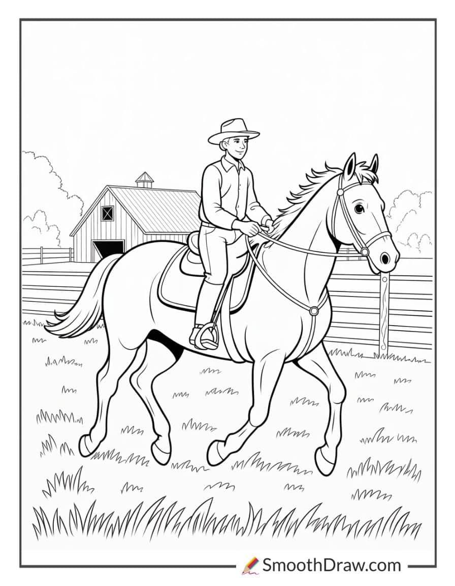 Farmer riding horse on farm
