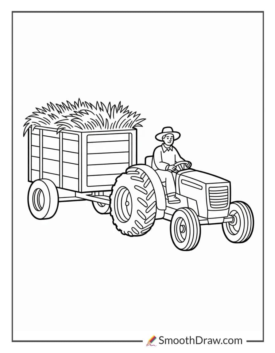 Farmer riding tractor with trailer