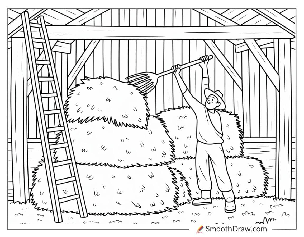 Farmer stacking hay in barn