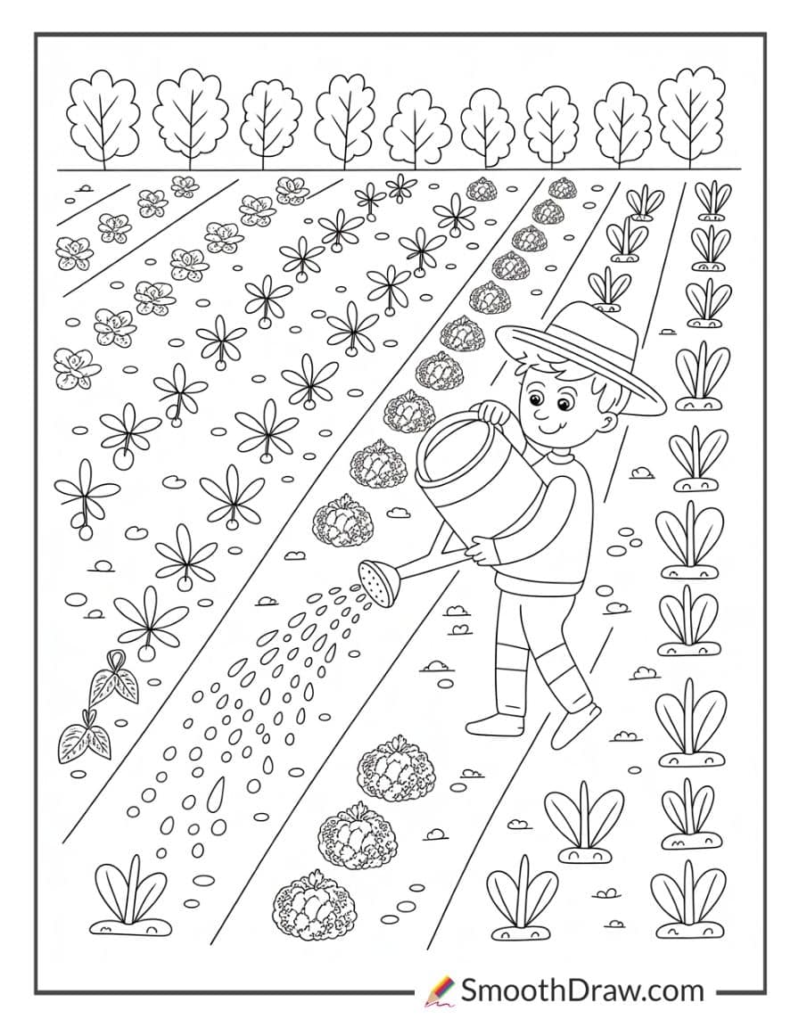 Farmer watering plants in garden