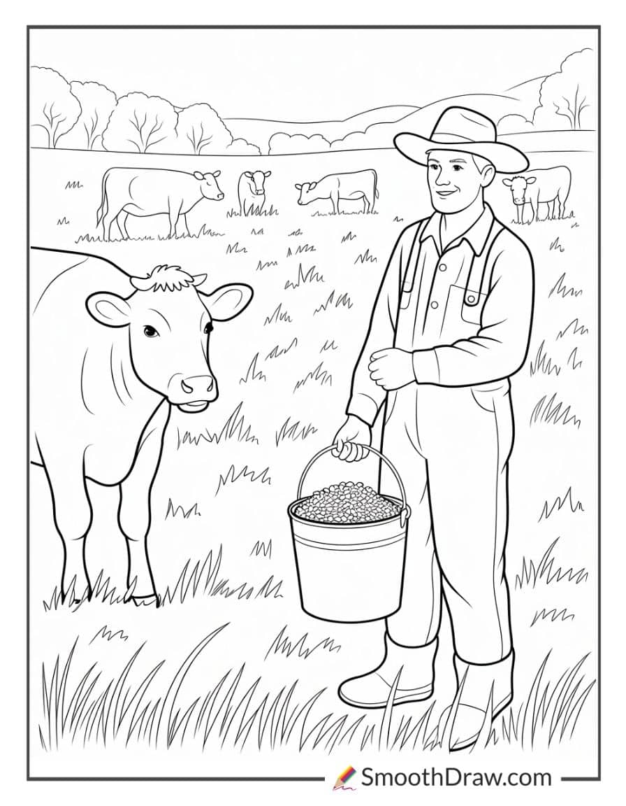 Farmer with cows in pasture