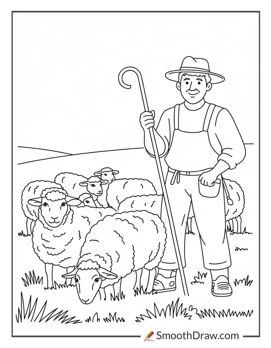 Farmer with sheep in meadow
