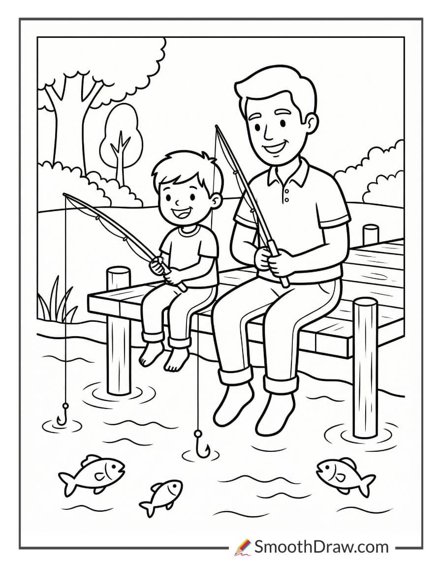 Father And Son Fishing At Dock