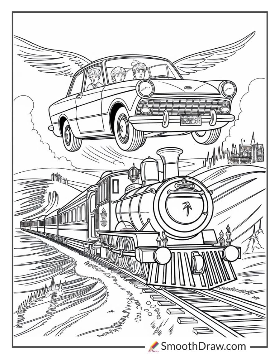 Flying Ford Anglia and Hogwarts Express