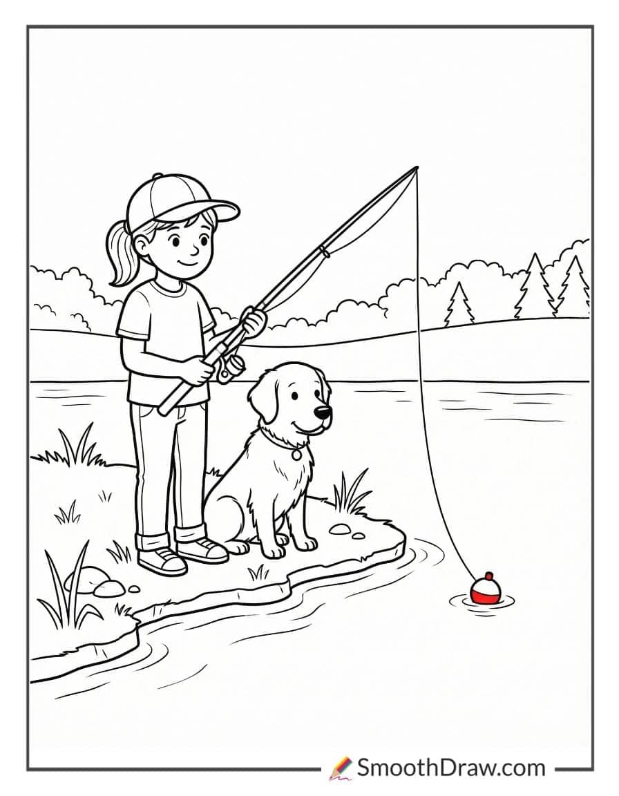 Girl Fishing With Dog Beside Coloring Sheet