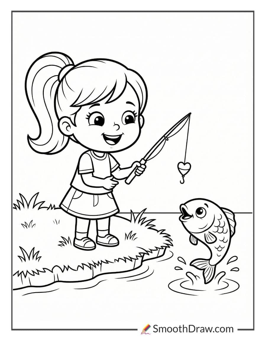 Girl Fishing With Pink Rod
