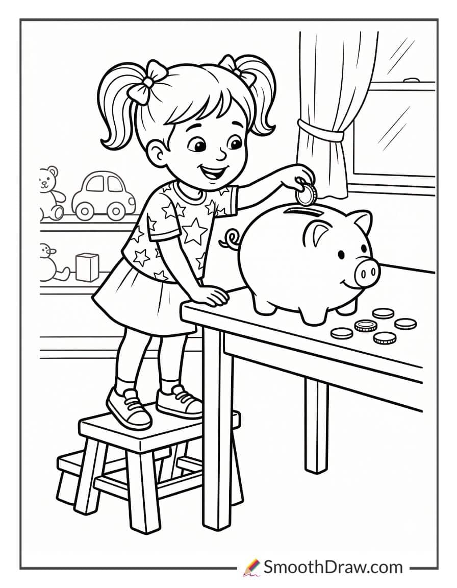 Girl putting money in piggy bank coloring page