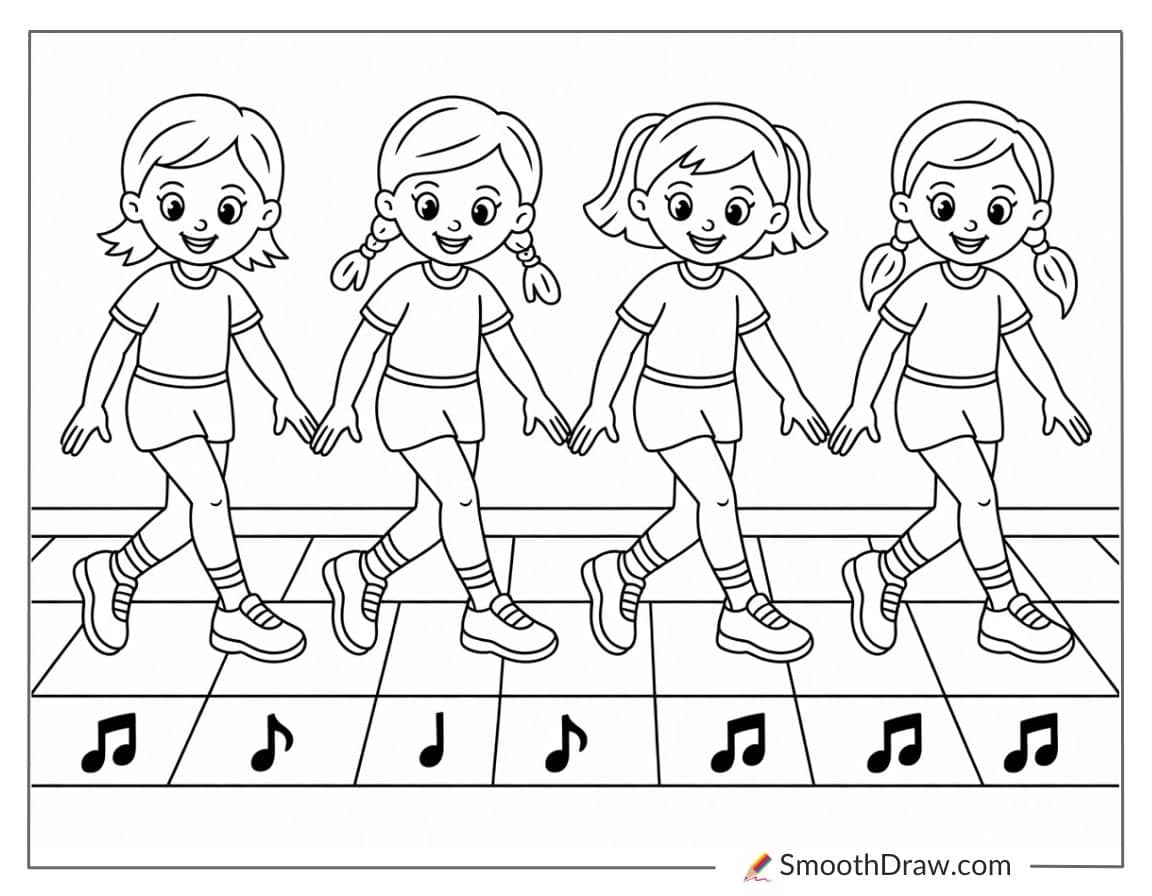 Girls Practicing Tap Shoes Rhythm Coloring Sheet