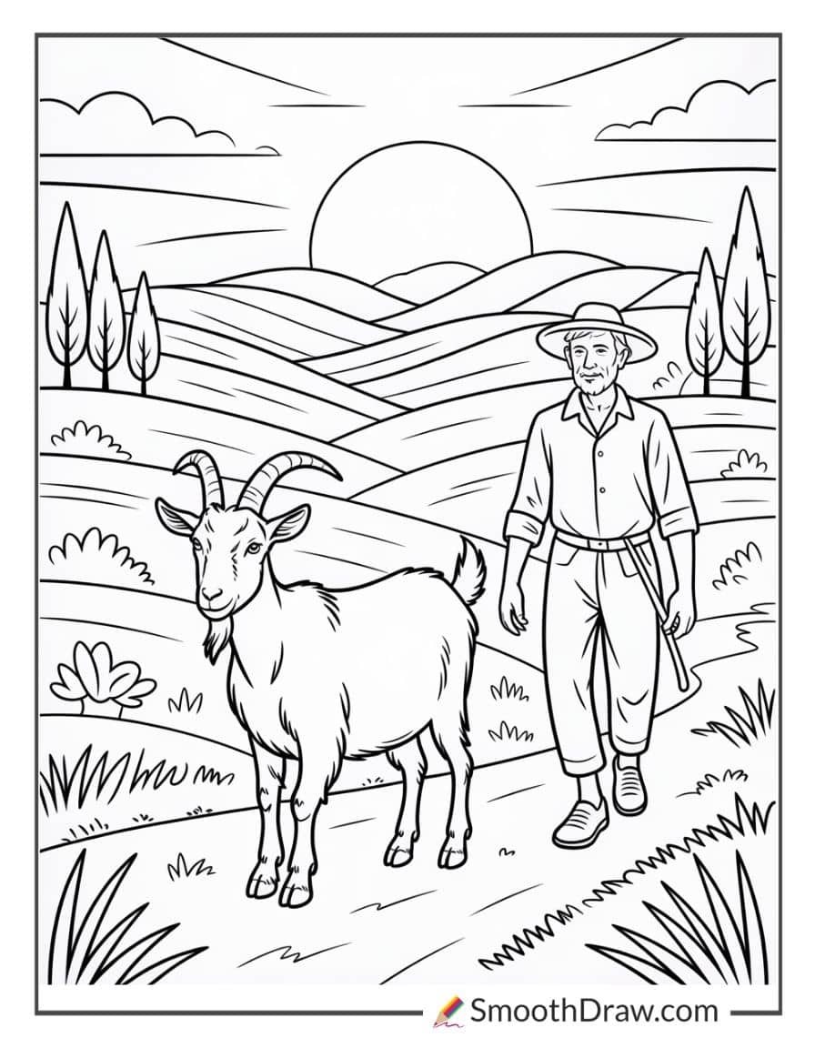Goat and farmer walking home at sunset