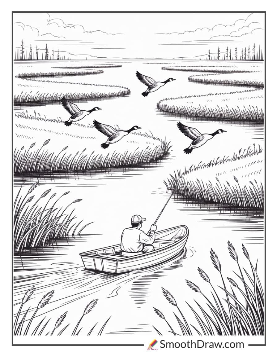 Goose Hunting Over Marshlands Coloring Page