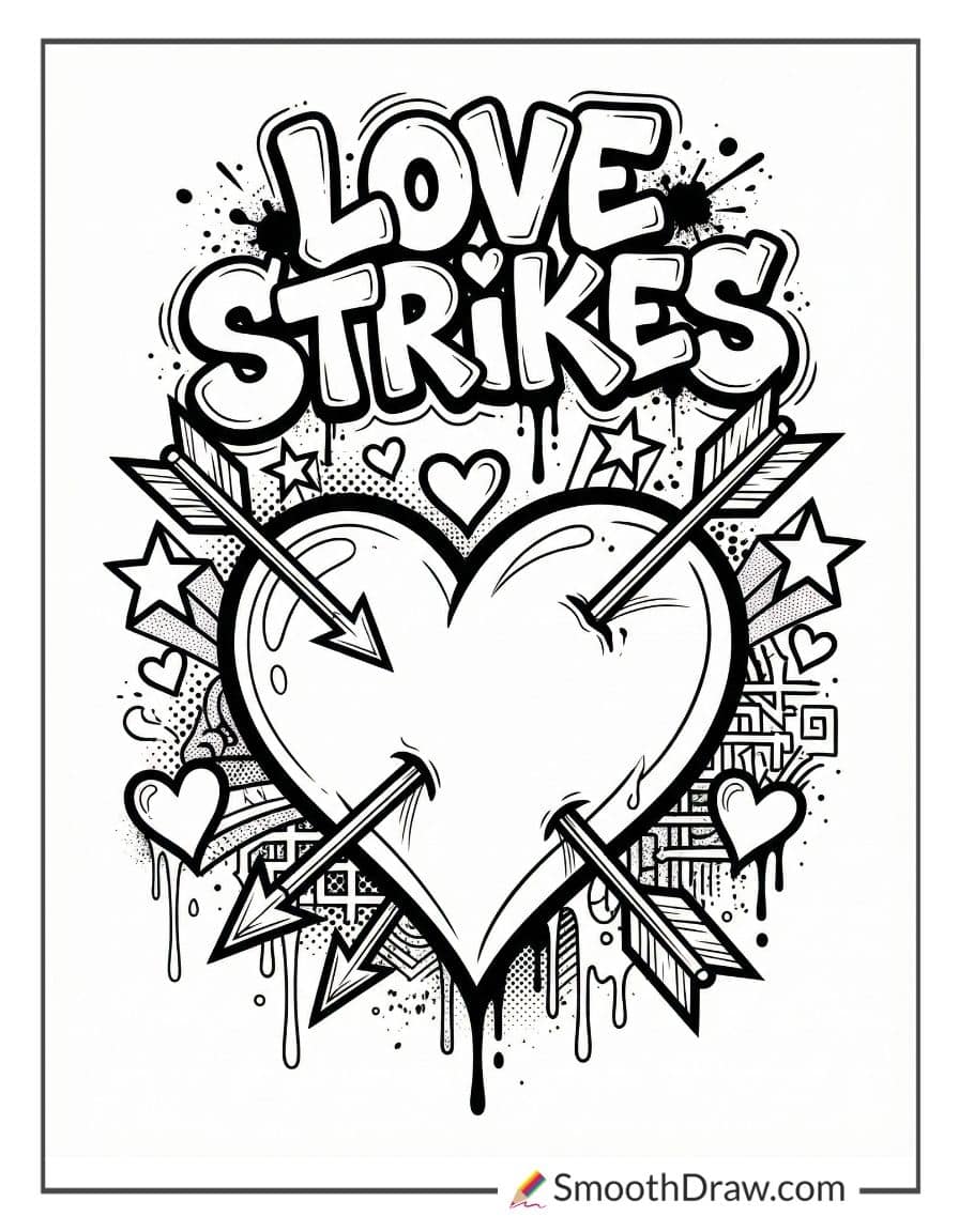 Graffiti heart with arrows coloring sheet