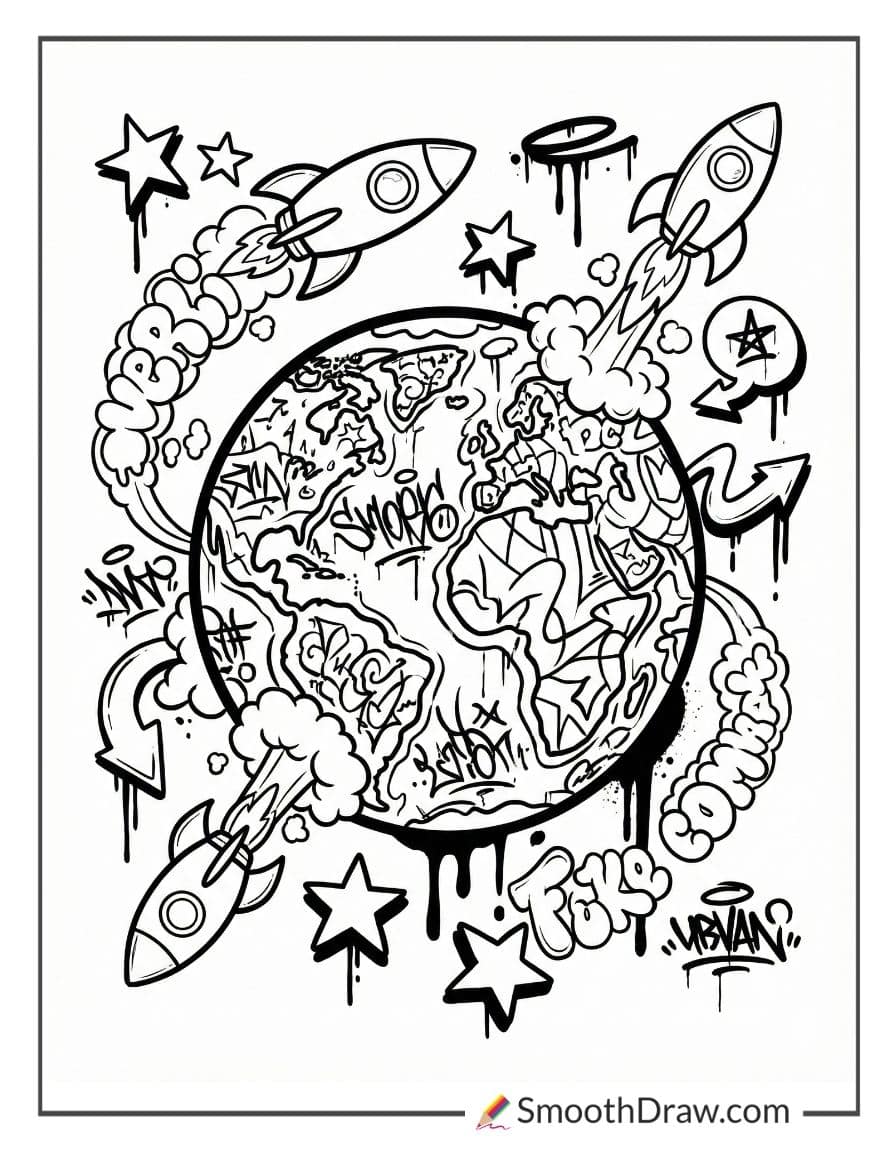 Graffiti planet and rocket art
