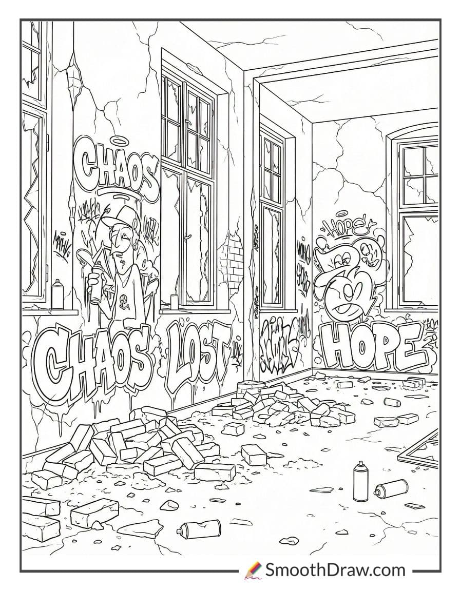 Graffiti scene in abandoned building