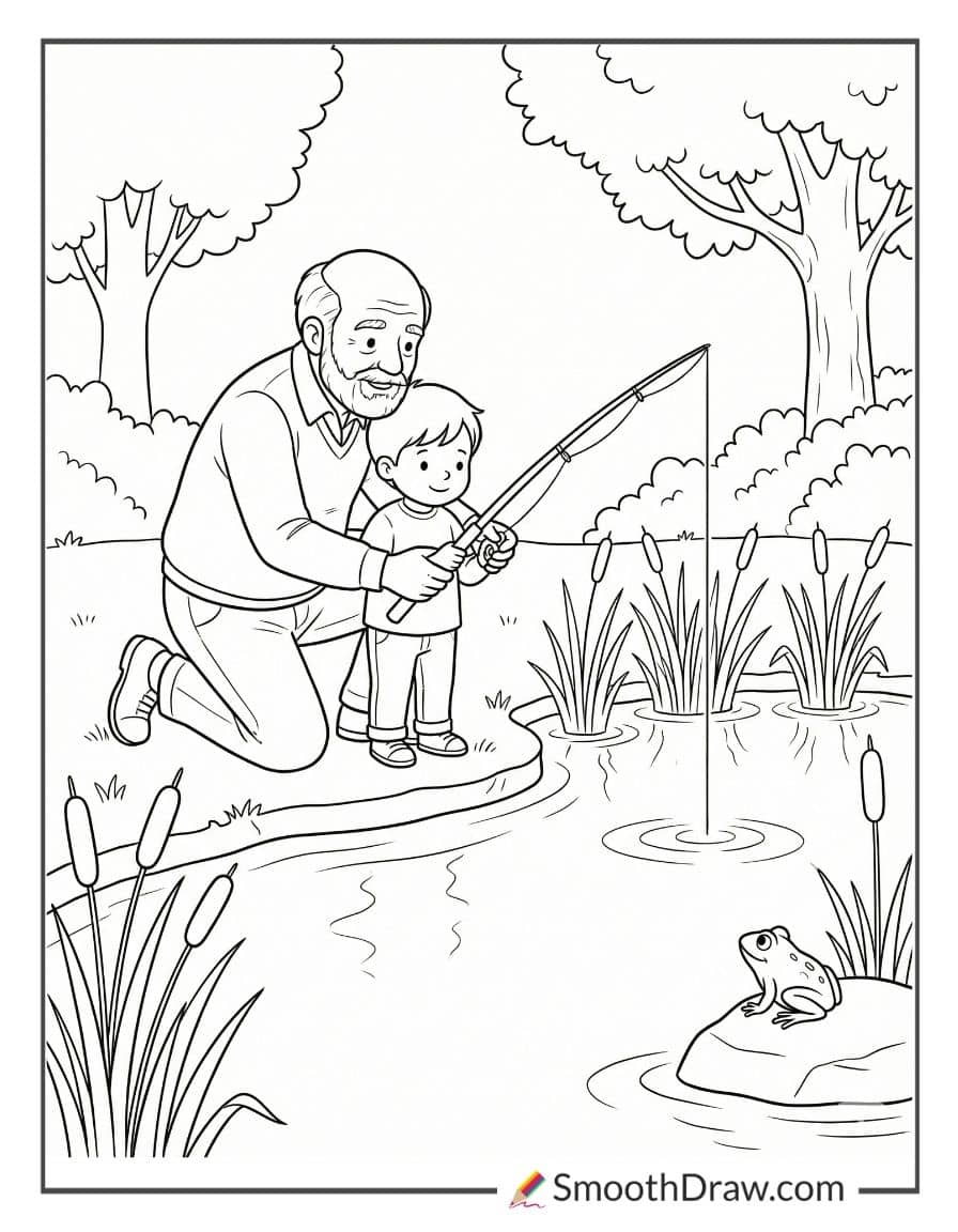 Grandpa Teaching Grandson To Fish