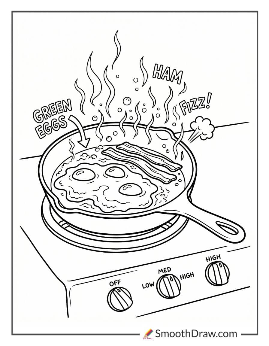 Green Eggs Sizzling In Pan Coloring Page