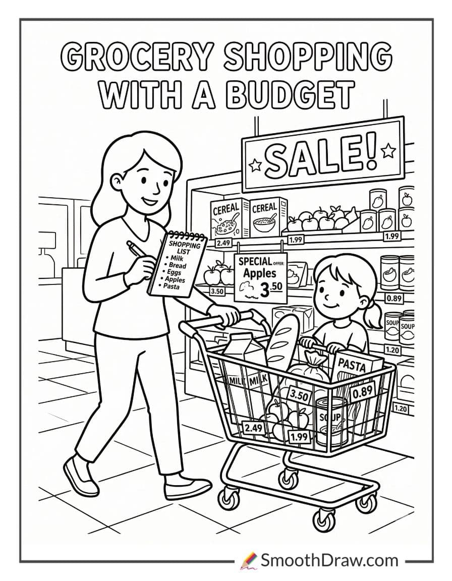 Grocery shopping with budget coloring sheet
