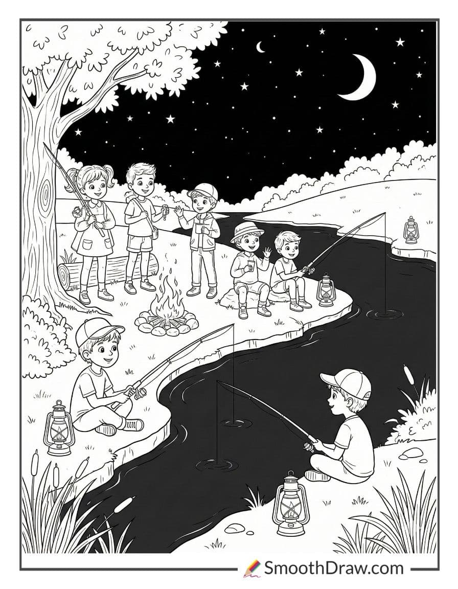 Group Of Kids Night Fishing