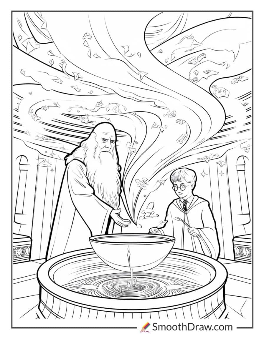 Harry Potter and Dumbledore at the Pensieve