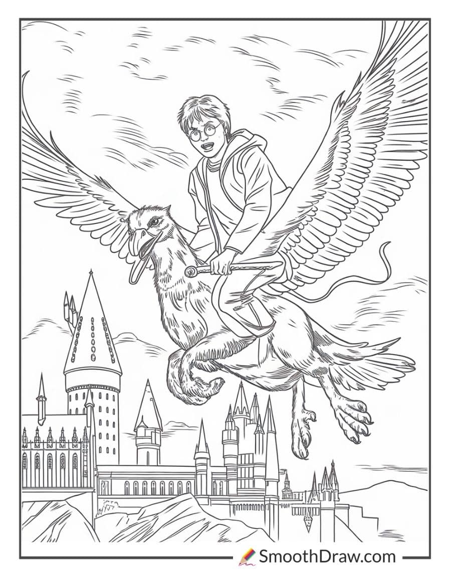 Harry Potter riding Buckbeak