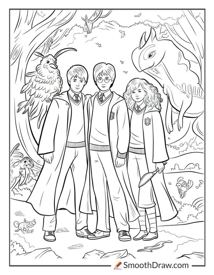 Harry, Ron, and Hermione coloring page
