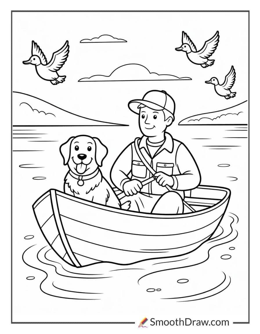 Hunter And Retriever In Boat Coloring Sheet