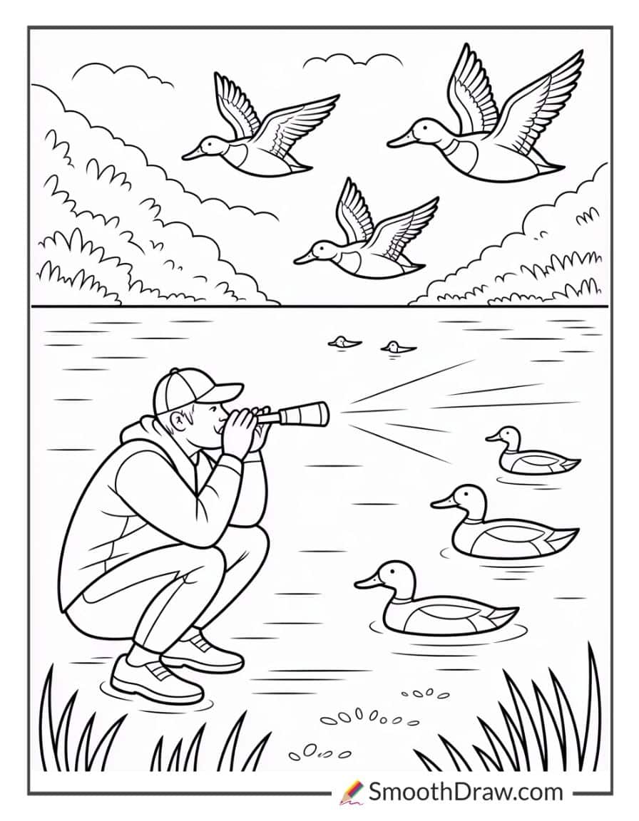Hunter Calling Ducks With Decoys